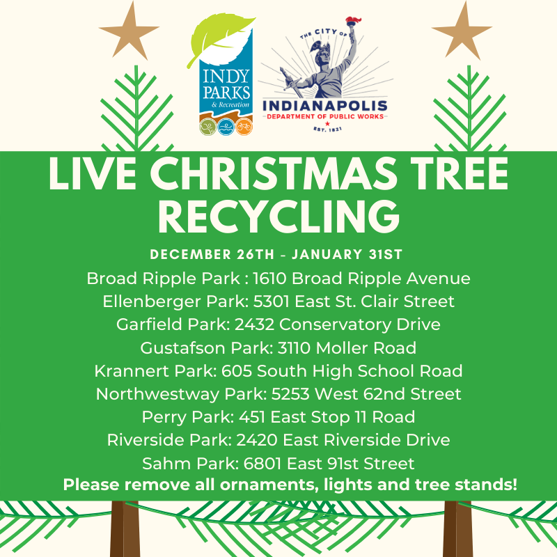 Hey Indy. Help Indy Parks + <a href="/IndyDPW/">Indy Department of Public Works</a> by only dropping off Christmas trees for the tree recycling program at our parks across the city. 🌲

♻️: bare Christmas trees

🚫: ornaments, string lights, cardboard boxes, tires, couches, etc.

Questions? Give us a call at 317.327.PARK.