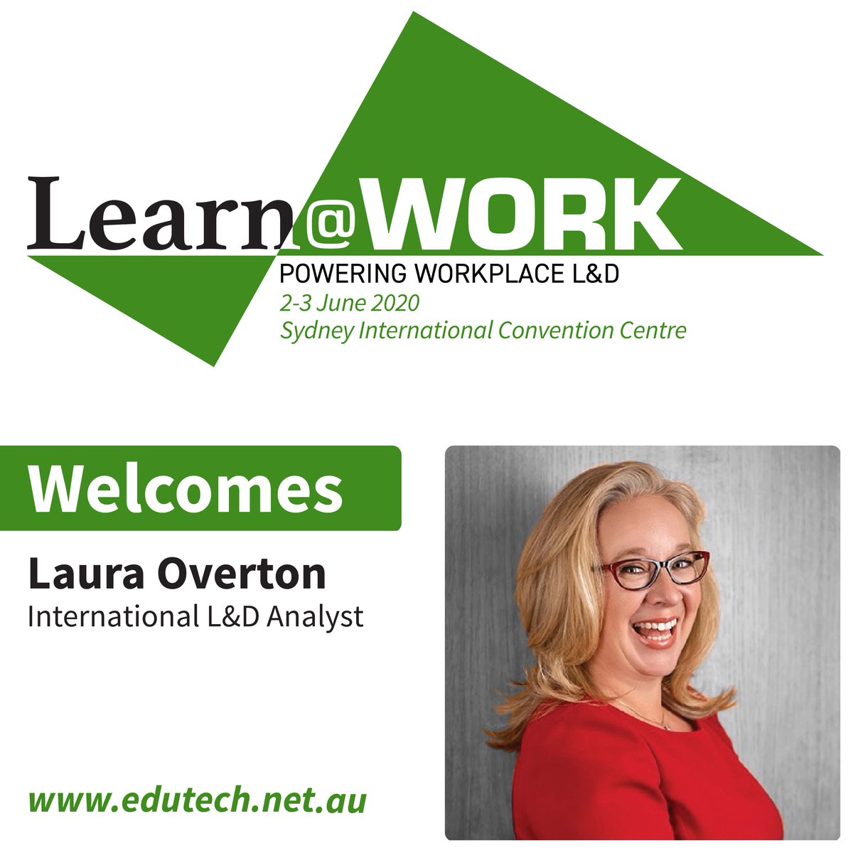 LearnatworkAU's tweet photo. We're excited to announce @lauraoverton has joined the Workplace Learning Congress at EduTECH 2020. Register now &amp; get BUY 1 GET 1 FREE, using code "FRIENDS50" before 31st January. Visit https://t.co/FRKxwg42HZ for more https://t.co/y6hXnMMUAp