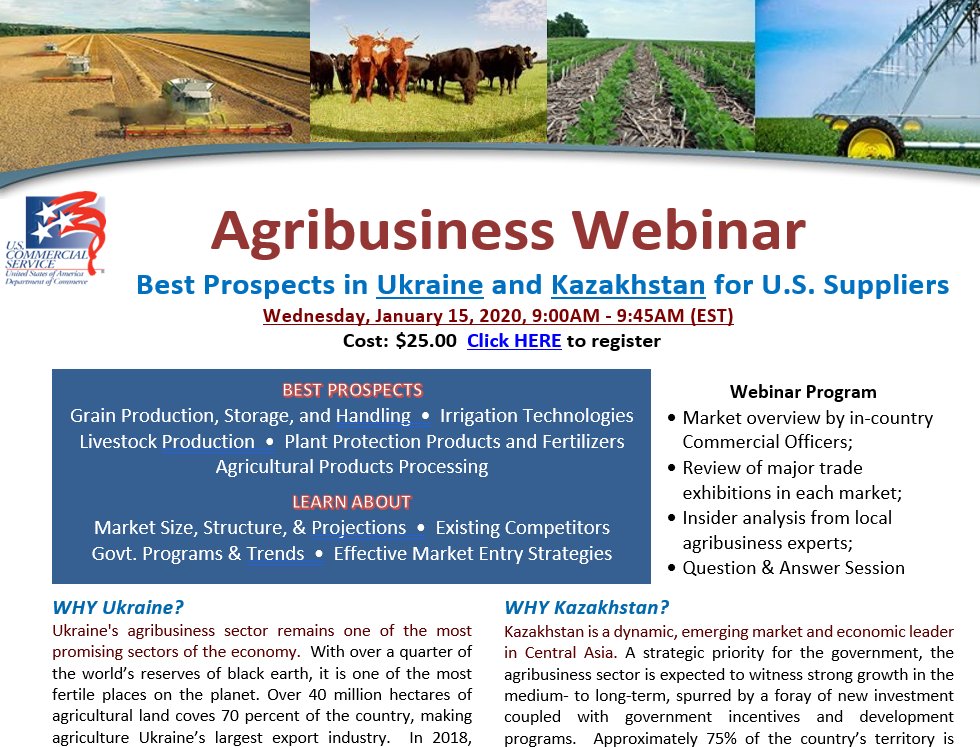 USCSpdx's tweet photo. Agricultural Best Prospects in Ukraine + Kazakhstan for US exporters: Webinar Jan 15 @USCommercialSvc https://t.co/QsIPwuTBR6 @uskzba https://t.co/iqZjxZ7Toi