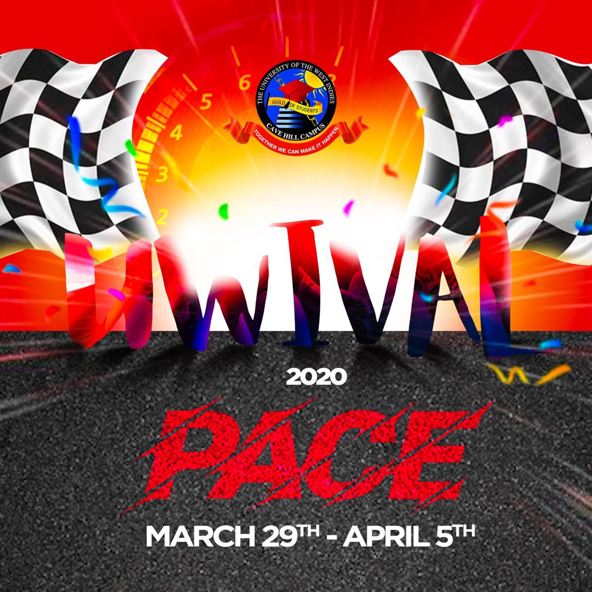 UWIval 2020: P A C E!🏎💨
.
SAVE THE DATE, cause from March 29 - April 5, SUNDAY to SUNDAY is P A C E! 🤸🏾‍♂🔥
.
8 days, 4 PARTIES, 1 BIG BAD EVENT!!💥
.
In the FETES, on the STAGE and on the ROAD is PACE!🔥🤪 Lewwe FUN it Up wit NONSTOP PACE for #UWIval20!🤪
.
IG: <a href="/nacc/">NAcc</a>