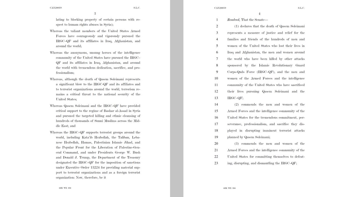 SenTedCruz's tweet photo. JUST INTRODUCED w 42 fellow GOP senators resolution to honor members of military & intel community who carried out mission to take out Soleimani, a terrorist responsible for the deaths of hundreds of thousands of people across the Middle East, including 603 US service members. https://t.co/1XNgXHFO3z