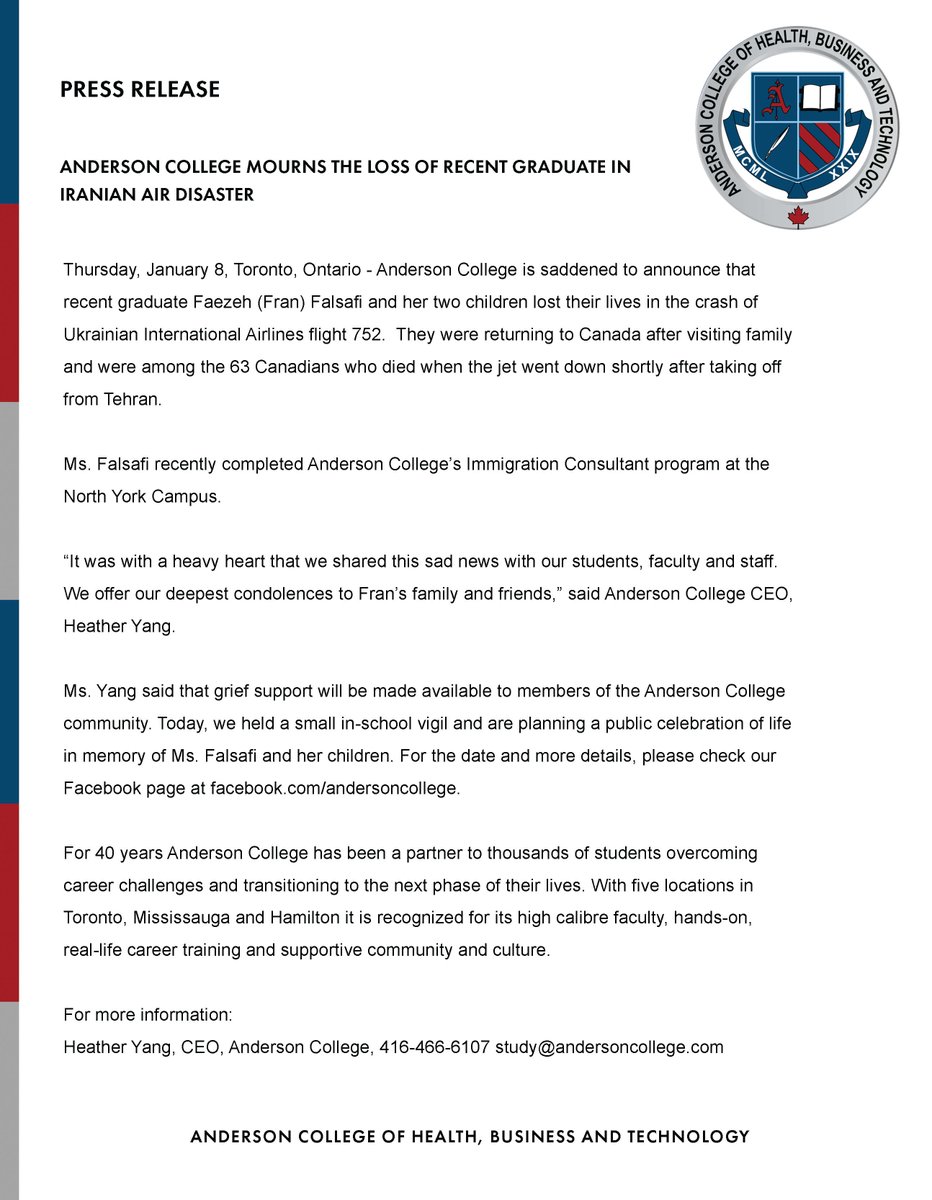 Anderson College Press Release Anderson College Mourns The Loss Of Recent Graduate In Iranian Air Disaster