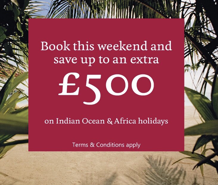 KuoniBrighton's tweet photo. Book this weekend and you could save an extra £500 off an Indian Ocean or Africa holiday - including offers in The Kuoni Sale. Book an appointment in store or give us a call on 01273 796139. Valid Friday until Monday, terms and conditions apply. @dukeslaneuk #Sale #Kuoni https://t.co/qyOJ9noR0b
