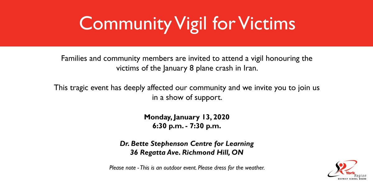 YRDSB in partnership with @myRichmondHill, @ycdsb and @YRP will be hosting a community vigil on Mon, Jan 13 to honour the victims of the plane crash in Iran. All are welcome to join us in a show of support for our grieving communities. Details: ow.ly/Uoqi30q8b1W