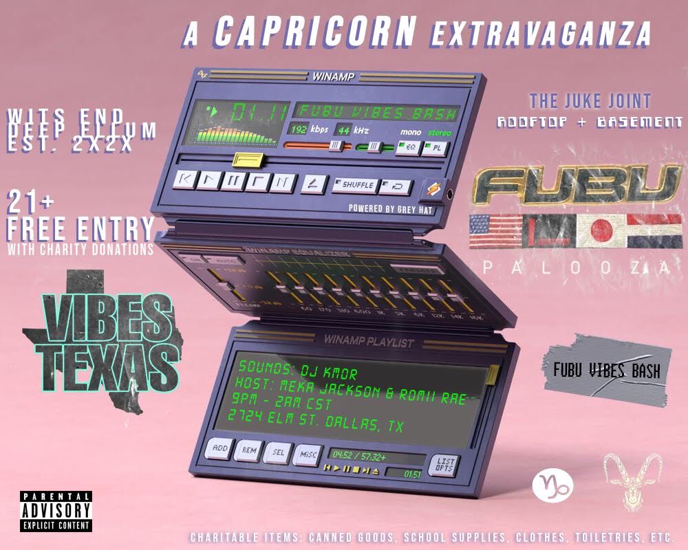 VibesTexas's tweet photo. Deep Ellum, TX 🏴
Dont miss #FubuVibesBash Vol.II this Saturday!
Collaborating with @FubuPalooza to celebrate the birthdays of several Capricorns at The Juke Joint Wits End
Sounds by @DJ_Kmor
• FREE ENTRY ALL NIGHT
• Rooftop+Basement
• No Dresscode
♑️♑️♑️🤘🏼 #UNITY https://t.co/MeGt0YUPqp