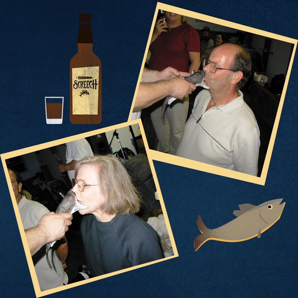 Two photos of Nick and Diane each kissing a cod fish in front of a blue background with an animated fish and an animated bottle of screech