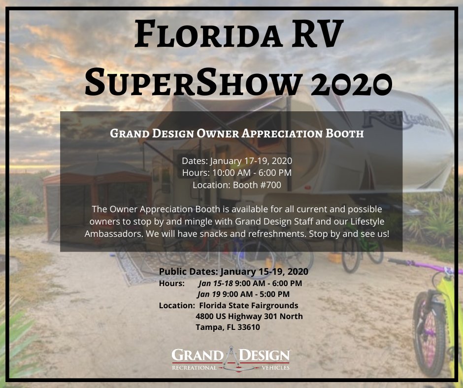 Granddesignrv's tweet photo. #GrandDesignRV will be hosting an Owner Appreciation Booth during the #FloridaRVSupershow. Days & times are below. For a complete list of units we will have on site https://t.co/D83G9l3Gxv #GDRV4Life #findingoursomeday #changinglanes #getawaycouple #wanderingweekends #ushonorflag https://t.co/v9K2mhFdxb