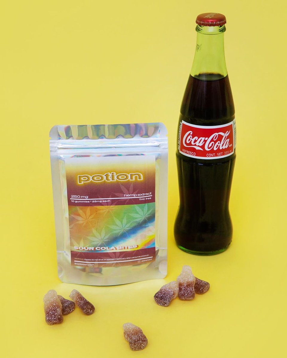 PotionCBD's tweet photo. 💫 LIMITED EDITION: Sour Cola Gummies with 250mg of hemp-derived CBD. Keep calm and take a trip down memory lane. 🥤🌿 https://t.co/uZAc7Bv3Nw