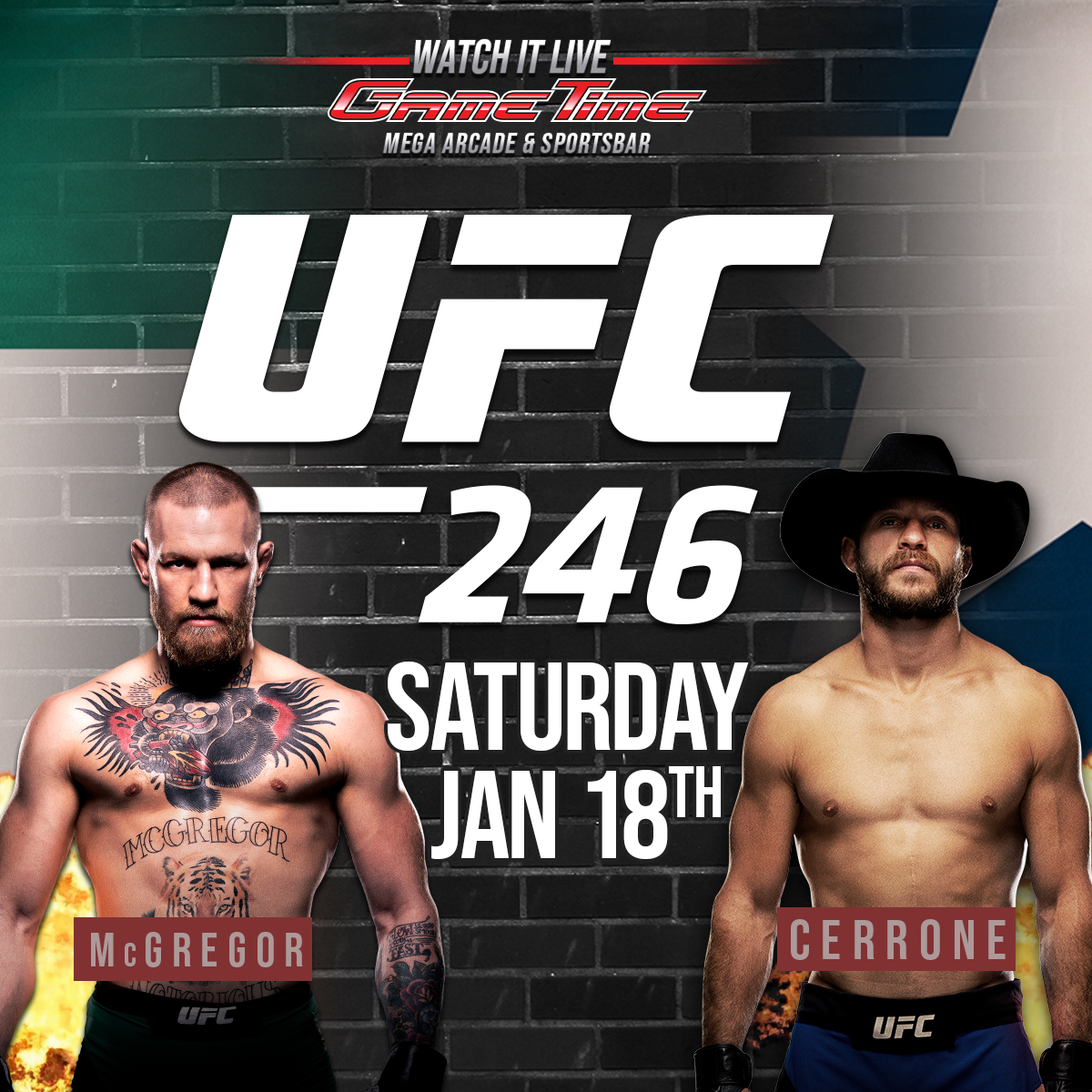 He’s baack!! 👀🏆 McGregor vs. Cerrone ➡️ who do you got?! Watch it at GameTime Mega Arcade &amp; Sports Bar 🍻 #UFC246 #GameTime #GTPlayers