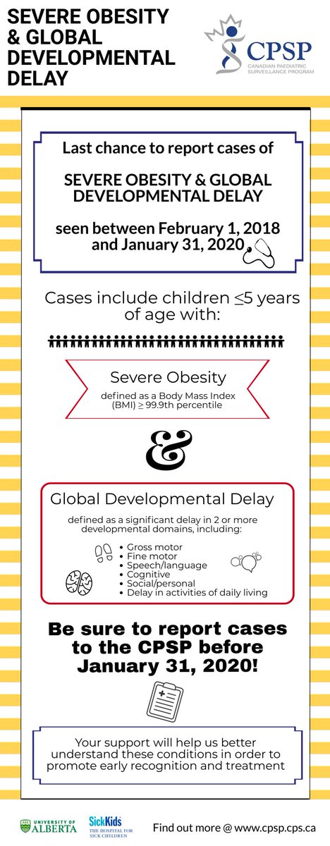 Are you a paediatrician participating in the Canadian Paediatric Surveillance Program? If you've seen cases of severe obesity and global developmental delay between Feb 1, 2018-Jan 31, 2020 please be sure to report it before January 31!