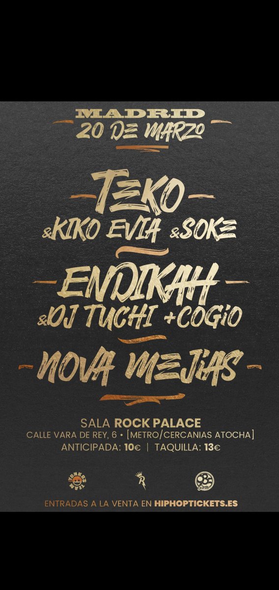 Madrid. 20 de marzo. Vamos a despedir #VinoYRosas como se debe. Sala Rock Palace. Mi family conmigo <a href="/TuchiYONKOSTEAM/">DjTuchi</a> <a href="/1cogio/">Hesidoyo</a> y llevaremos colabos. Con mis hermanos <a href="/NovaMejias/">NMEJIAS</a> #Teko
Entradas en hiphoptickets.es
Se está avisando.