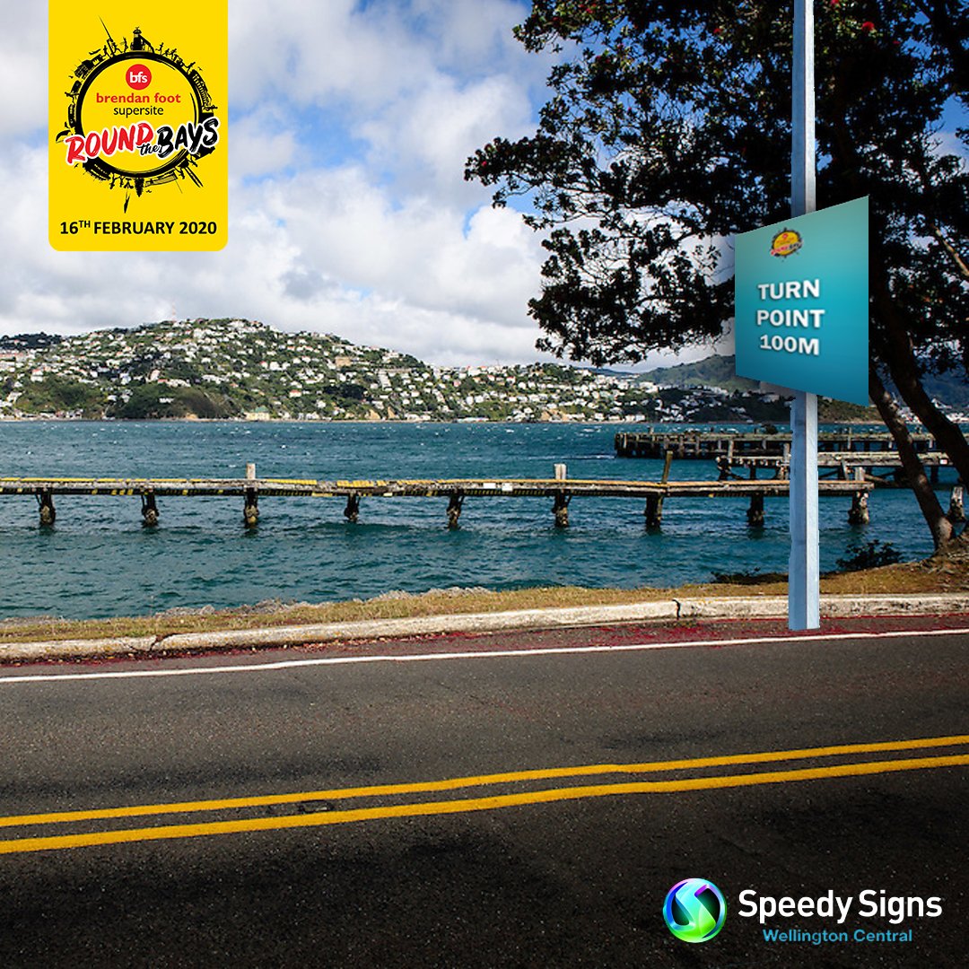 BFSRTB's tweet image. Don't worry about missing a turn by looking out for our marker signs! These are what you need to keep an eye out for on race day- they will let you know turn points, water stations, where toilets are along your Round the Bays course! Thanks Speedy Signs Wellington Central!