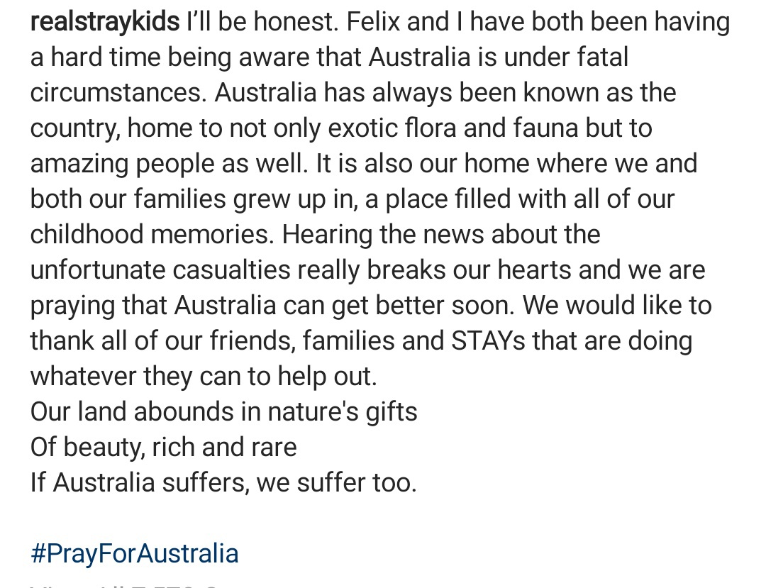 SKZMYSupport's tweet photo. [#STAYSUPPORT FOR AUSTRALIA]

Hi STAY!

Here we're collecting donation for bushfires recently in Australia under 'STAY' name. We will help to deliver your donation for them. Thank you STAY for your kindness 💓

https://t.co/4OwNnlFDZa

#PrayForAustralia 
#STAYSupportAussieProject https://t.co/MjzJkLG6RN