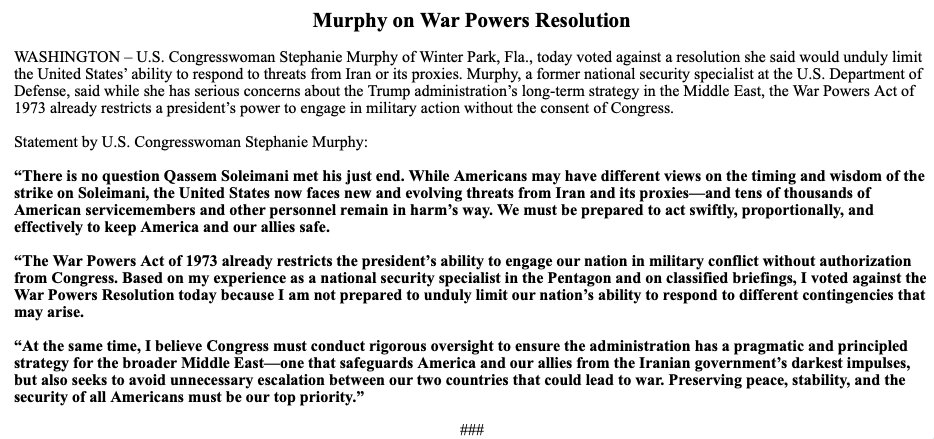 RepStephMurphy's tweet photo. I voted against #WarPowersResolution b/c I'm not prepared to unduly limit our nation’s ability to respond to new & evolving threats. The War Powers Act of 1973 already restricts POTUS's ability to wage war. Our goals must be peace & the security of all Americans. Full Statement⬇️ https://t.co/upBQb2KlzP