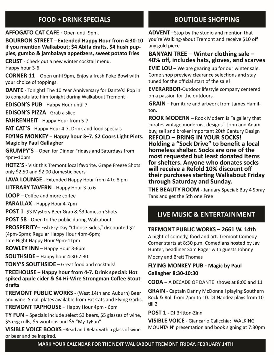 There's no hibernating for #WalkaboutTremont. Escape the cold at one of several “winter warmer” art openings from 5 to 10 p.m. Friday night, and with specials at many Tremont bars and restaurants. Check out all that's happening on the Walkabout website: experiencetremont.com/featured-event…