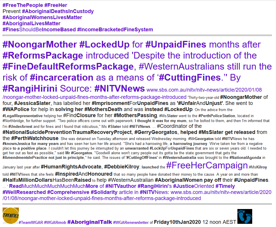 WgarNews's tweet photo. #NoongarMother #LockedUp for #UnpaidFines months after #FineDefaultReformsPackage introduced https://t.co/7bf6J8RRPT | #FreeThePeople #FreeHer | Prevent #AboriginalDeathsInCustody #FinesShouldBeIncomeBased | #AboriginalWomensLivesMatter | #AltMediaMonitor https://t.co/KXeQAY5Q8y https://t.co/jv90kPSBFk