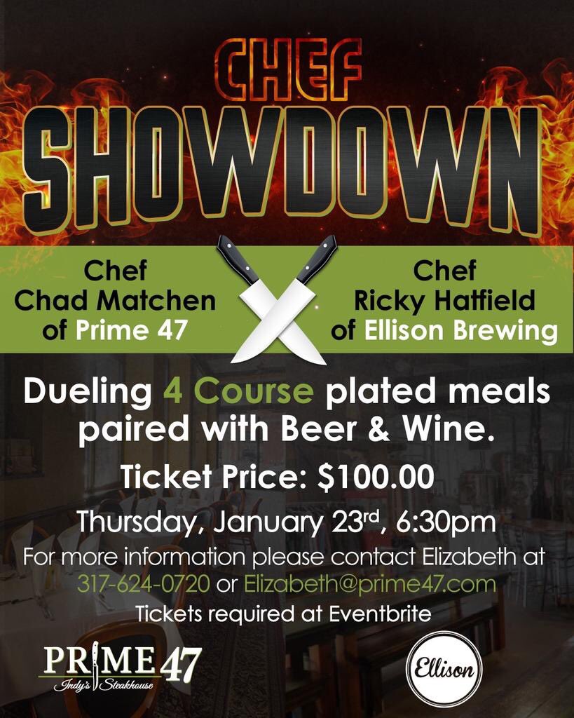 EllisonIndy's tweet photo. iiiiIIITTTTT'S, TIME!!!!!! Get your tickets to the throwdown of a showdown at Prime 47 featuring our own Chef Ricky Hatfield and from Prime 47 Chef Chad Matchen. Book your tickets on Eventbrite NOW because spots are already filling up! #chef #cheflife #visitindy #chefbattle https://t.co/DFQBjGq6Yw