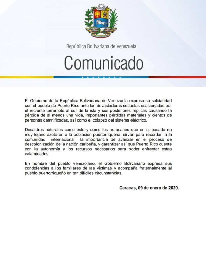 jaarreaza's tweet photo. #COMUNICADO | El Gobierno Bolivariano de Venezuela se solidariza con el Pueblo de Puerto Rico ante las devastadoras secuelas del reciente terremoto y sus posteriores réplicas causando la pérdida de al menos una vida, y cientos de damnificados. https://t.co/3Mgg87f0Ry