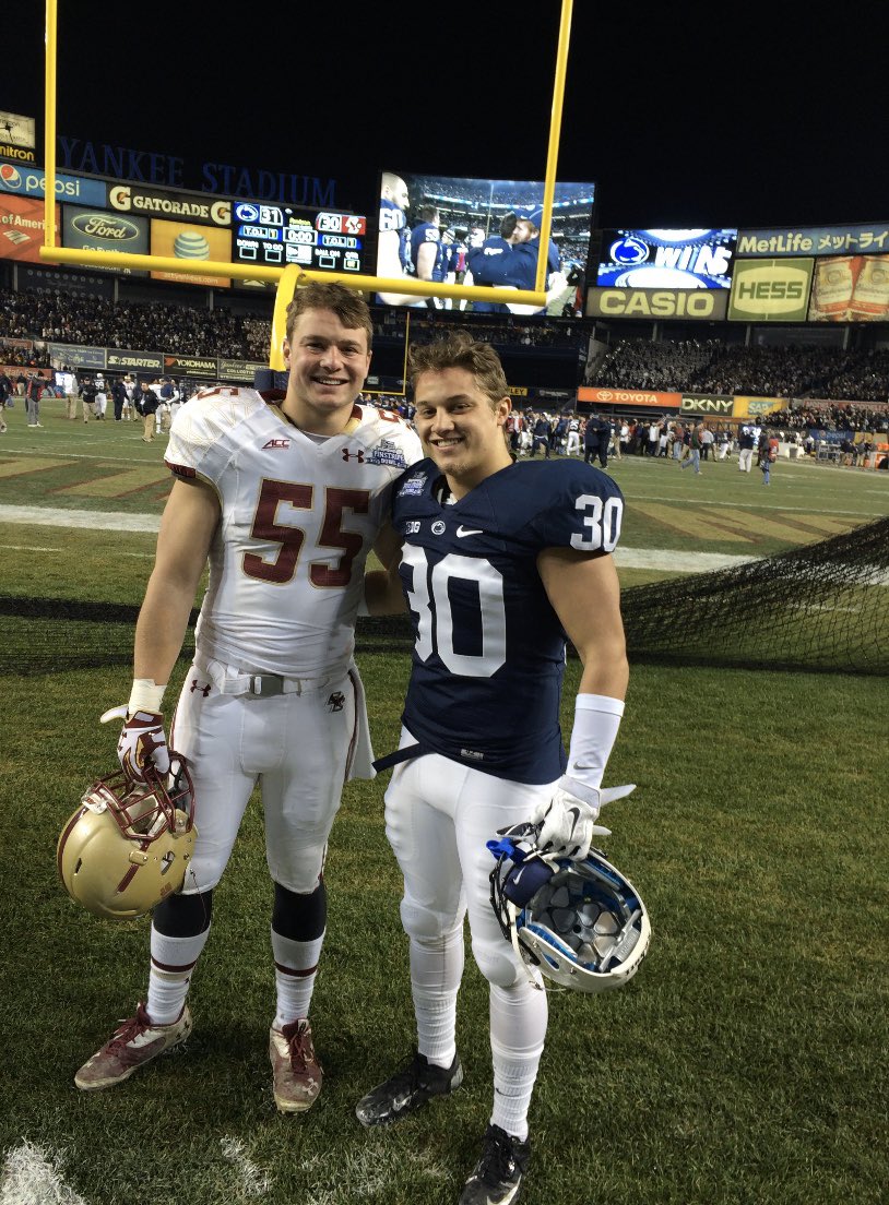 Bison__Football's tweet photo. A little #tbt to the 2014 Pinstripe Bowl that featured two Bison Alumni. Boston College’s Christian Lezzer #55 (C/O 2014) and Penn State’s Seth Ford #30 (C/O 2014). From the Bison Sports Complex to Yankee Stadium! Pretty awesome. PSU went on to win the game in OT 31-30. https://t.co/phlz8CuDdA