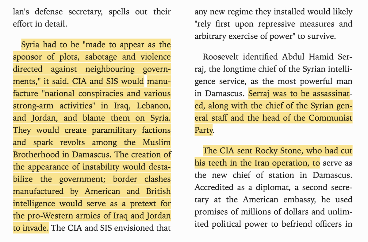CIA planned to foment unrest in the Middle East and blame Syria for it to justify an invasion, plus support Sunni extremists in region. The Syrians outsmarted the Americans, taking their money and foiling the plot. The US lied to the public about it.
