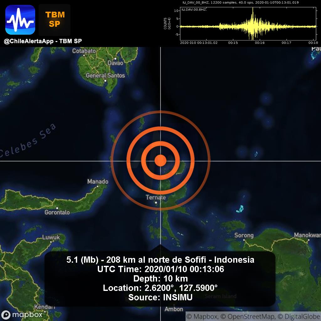 ChileAlertaApp's tweet photo. New #Earthquake. 🌎
5.1 (Mb) - 208 km al norte de Sofifi - Indonesia.
2020/01/10 00:13:06 UTC.
#Sofifi-Indonesia App: https://t.co/e1jlc9uim5 #Temblor #Sismo #alert https://t.co/dyoKSR3JMv