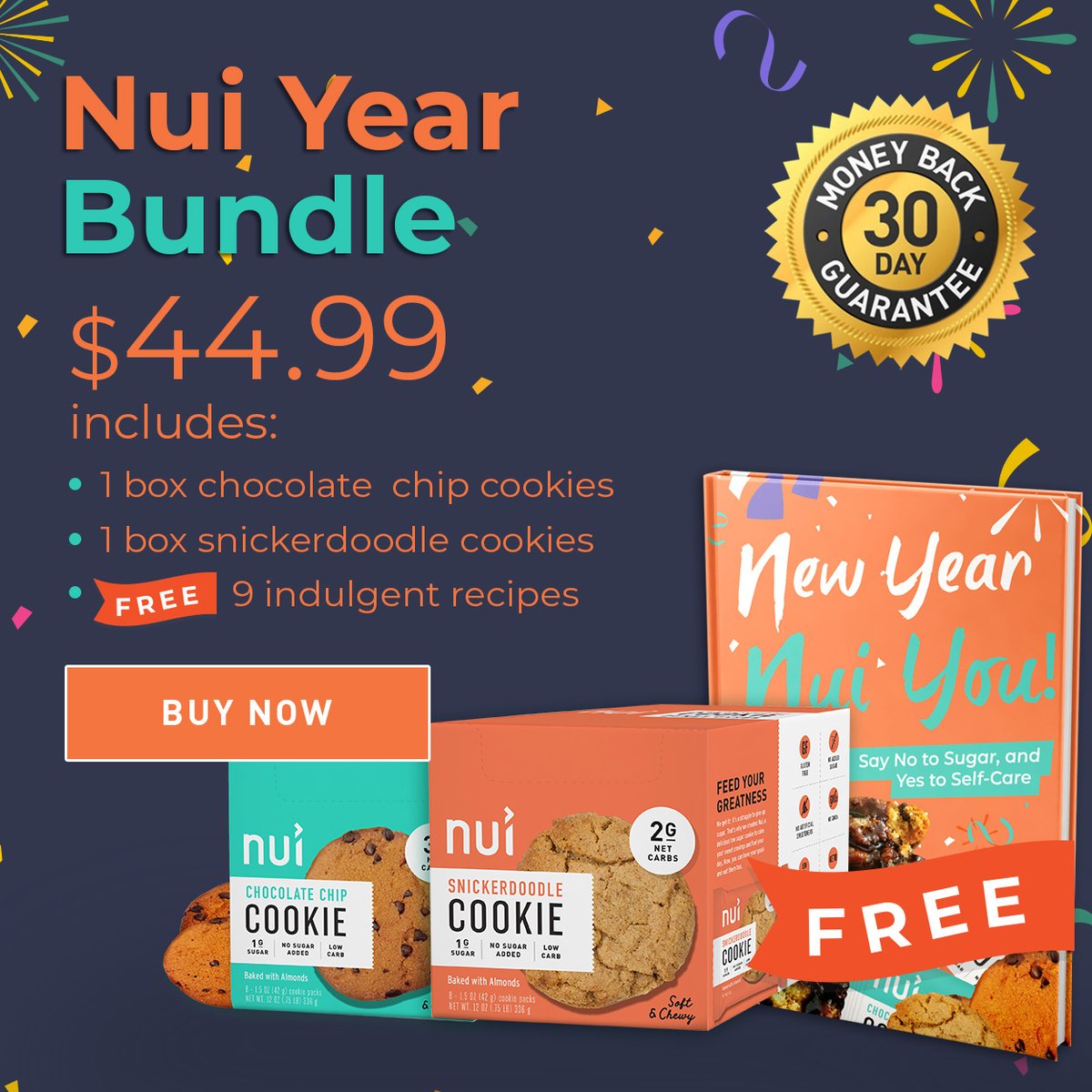 Get your Nui Year Keto Cookie Bundle! Comes with 1 box of chocolate chip cookies, 1 box of snickerdoodle cookies and a Free recipes book! bit.ly/2QOzfRm