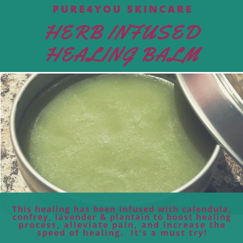 Pure4YouSkincar's tweet photo. Our newest product, Herbal Healing Balm.  I am very proud of this amazing healing balm.  It's infused with calendula, comfrey, lavender, &amp; plantain.  I also used Matcha Green Tea for antioxidant benefits.
#herbalhealingbalm
#naturalisalwaysbetter
#Pure4YouSkincare 
#naturalremedy https://t.co/G1TlZKf0Jc