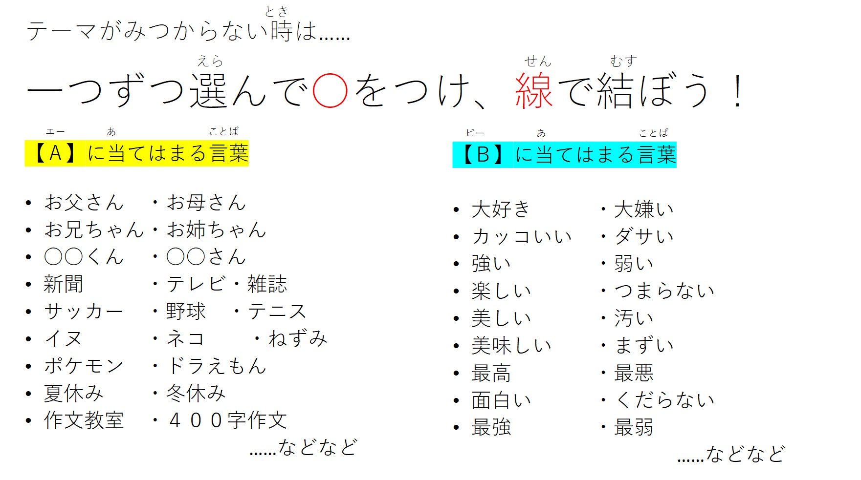 読売kodomo新聞 誰でも書ける400字作文 最初の3行にこう書きます 私がいま 一番言いたいことは A が B だ ということです これから そのことについて説明します A と B は自由ですが どうしても思いつかないという人は表の A 読売kodomo新聞 誰でも書ける400字作文 最初の3行にこう書きます 私がいま 一番言いたいことは A が B だ ということです これから そのことについて説明します A と B は自由ですが どうしても思いつかないという人は表の A