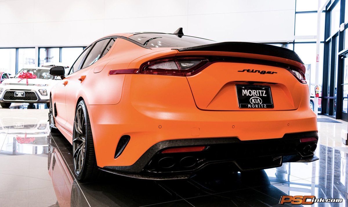PSDink's tweet photo. Check out the new Kia Stinger we wrapped with @hexisgraphics Matte Orange for @MoritzKiaFW.  All the accent pieces are Forged Carbon Fiber.#wrap #paintisdead #hexis #hexiswrap #customrides #vinylwrap  #orange #carbonfiber #psdink #kia #kiastinger #stinger #newcar #carwrap https://t.co/Ae6is6E3qF