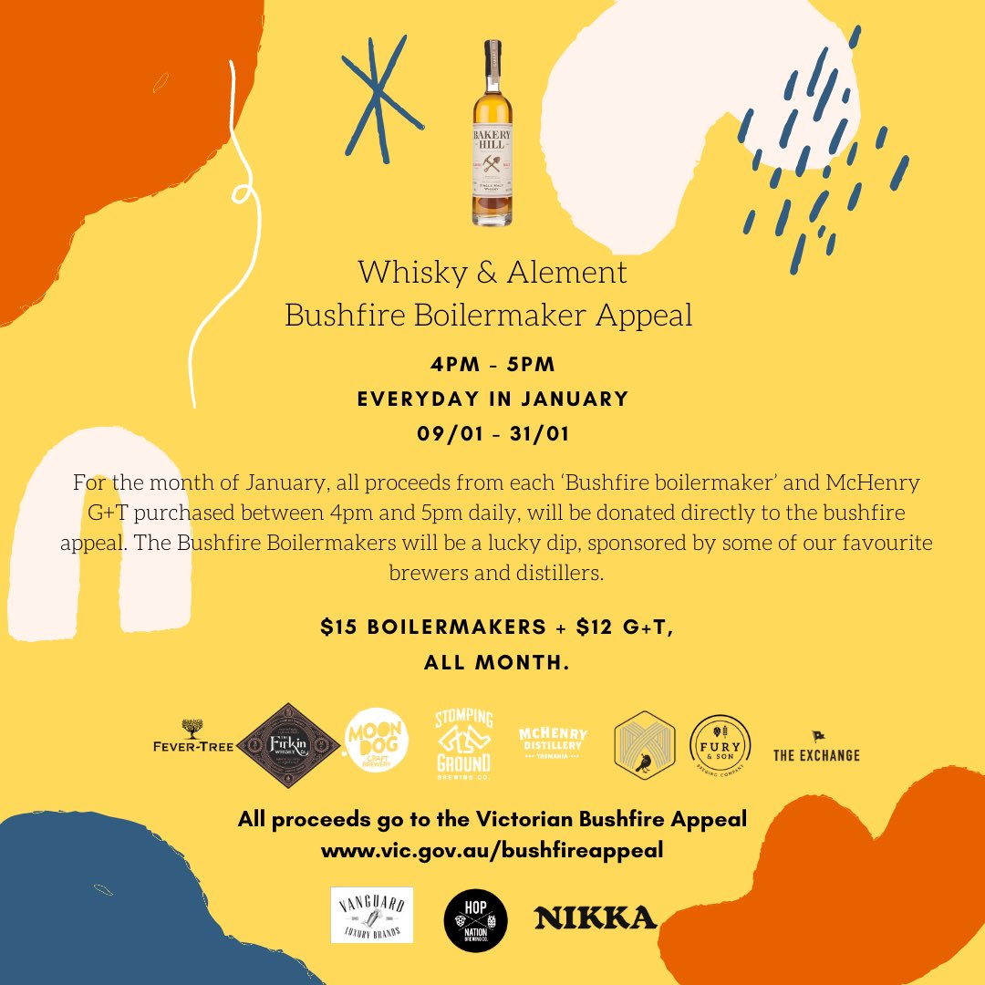 whiskyandale's tweet image. Every day between 4pm and 5pm in January, all proceeds from each ‘Bushfire Boilermaker’ and McHenry G&amp;amp;T will be donated directly to the ‘Victorian Bushfire Appeal’ Get on board and help us raise our $5,000 for those in need