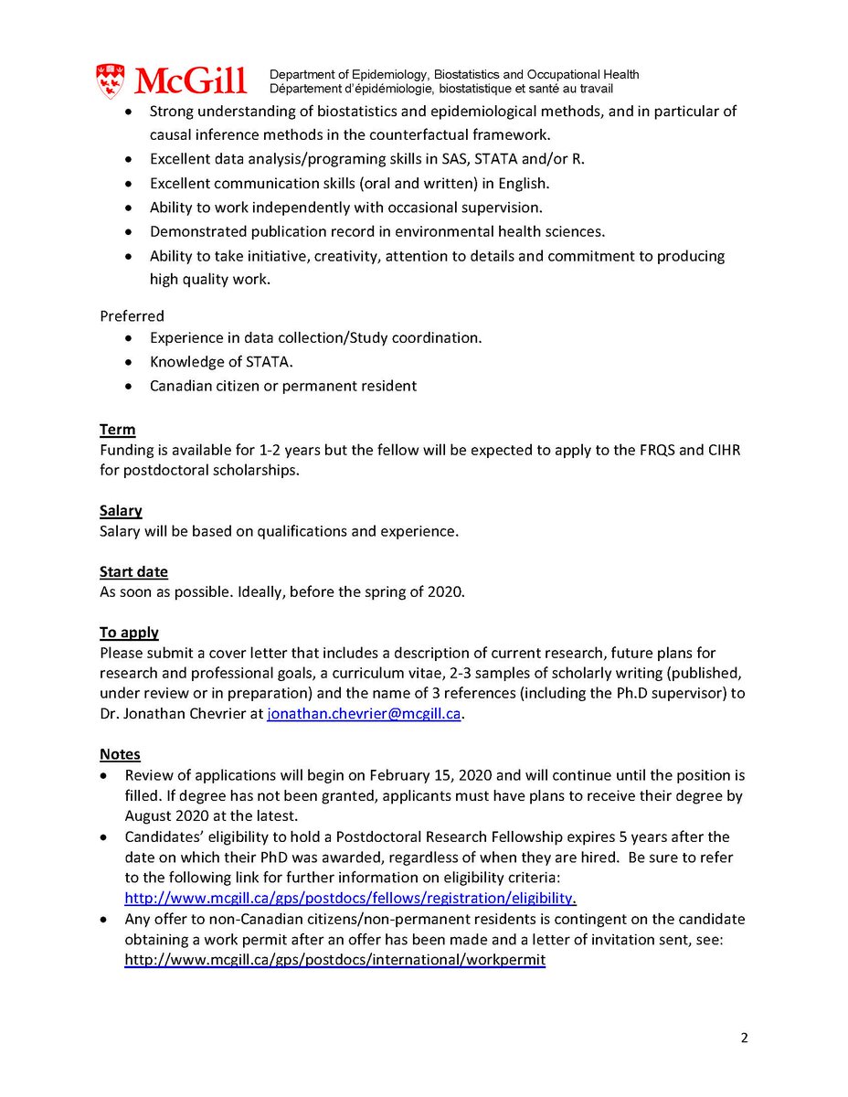 jchevrier's tweet photo. We have a postdoc opening!  An exciting opportunity to evaluate the health impact of air pollution policies among 3.6 million Canadians in the counterfactual framework. Also, evaluate the developmental effects of environmental chemicals in Canada and South Africa. Please RT. https://t.co/JiMTZjY5YI
