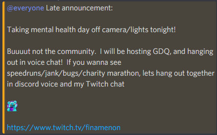 Finamenon's tweet photo. Come hang and watch some @GamesDoneQuick with us tonight in Discord!

https://t.co/D1tsXSsr1m https://t.co/URoxruMSAa