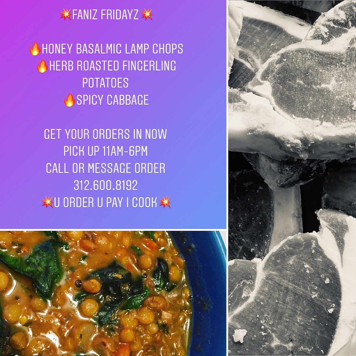 FANIZ FRIDAYZ

11AM - 6PM

💥$18💥

🔥HONEY BALSAMIC LAMB CHOPS
🔥ROASTED FINGERLING POTATOES
🔥SPICY CABBAGE

SAVORY LENTIL SOUP $6

MESSAGE ORDER TO 313.600.8192
PAYMENTS VIA CASH APP &amp; SQUARE
LINWOOD &amp; CLAIRMOUNT

 #lambchops #fingerlingpotatoes #cabbage