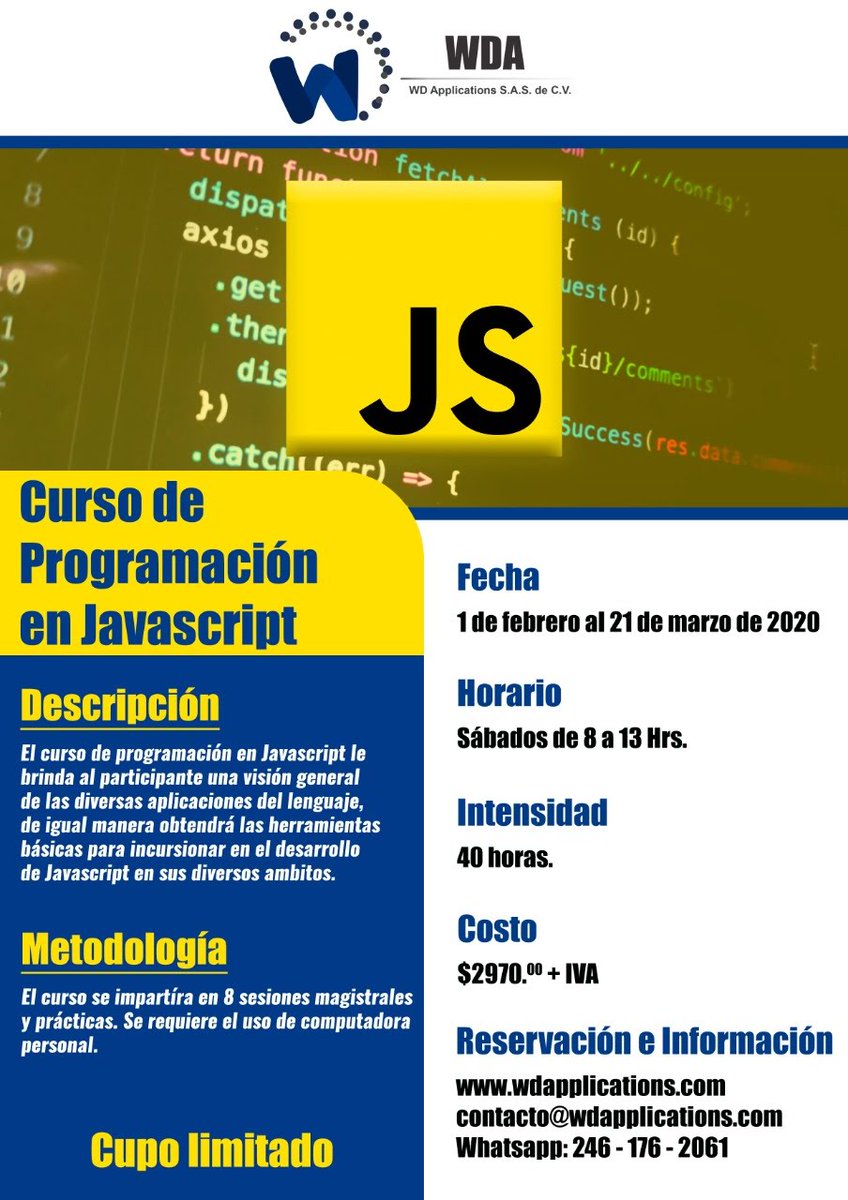 WD_Applications's tweet image. Curso de Programación en Javascript, aprende las diversas aplicaciones que tiene este lenguaje, uno de los más utilizados en los últimos años, no dejes pasar está oportunidad de invertir en tu desarrollo profesional.
