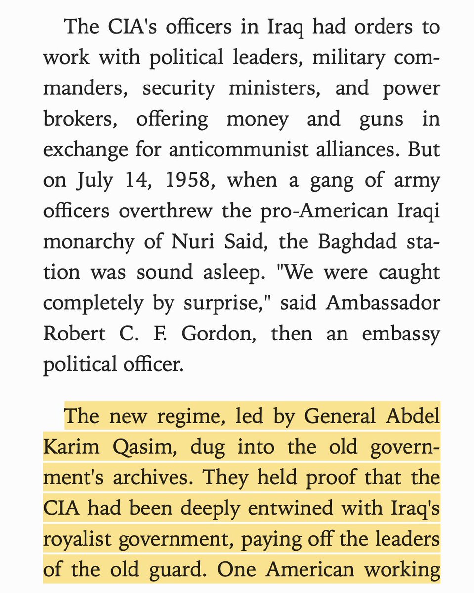 In Iraq, the 1958 coup revealed the CIA was paying off the government. The US tried for five years to stage another coup, finally helping the Baathist come to power. Kim Roosevelt, the official responsible for Syria, Iraq, & Iran, then went to consult for an oil company.