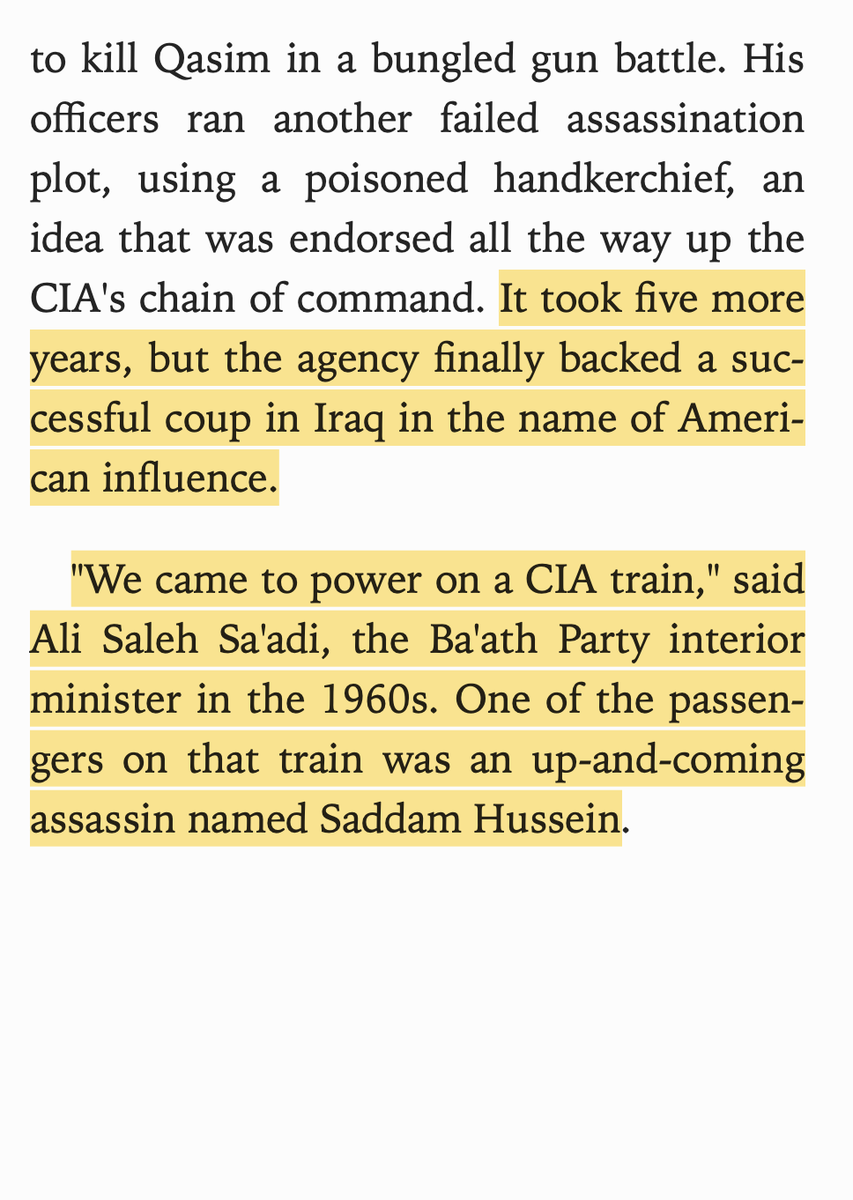 In Iraq, the 1958 coup revealed the CIA was paying off the government. The US tried for five years to stage another coup, finally helping the Baathist come to power. Kim Roosevelt, the official responsible for Syria, Iraq, & Iran, then went to consult for an oil company.
