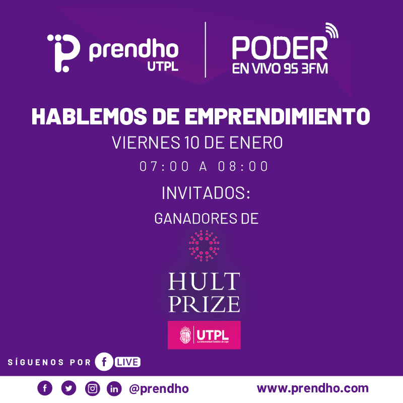 prendho's tweet photo. 🎙Hablemos de emprendimiento🎙
.
Estaremos con los ganadores de @HultPrizeutpl: #SeaKhelp e #Indicanna, conoceremos sus proyectos y los retos al representar a @utpl en esta competencia mundial. 
.
10 de enero 🗓 07:00 ⏰ @radiopoderfm 📻 o conéctate a nuestro Facebook Live. https://t.co/HuxCGo9j92