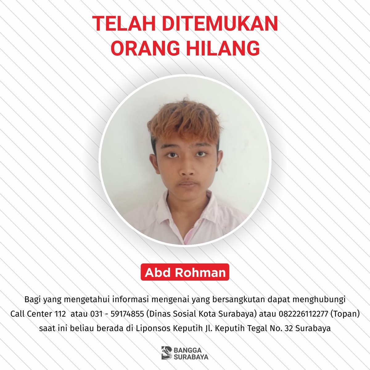 BanggaSurabaya's tweet photo. Semangat pagi..!!

Membantu orang lain gak harus menjadi orang kaya terlebih dahulu loh. Salah satu caranya, kamu bisa bantu share postingan ini buat bantu mereka bertemu keluarganya.

Yuk share postingan ini ya! #BanggaSurabaya https://t.co/VYCDUGU6OP