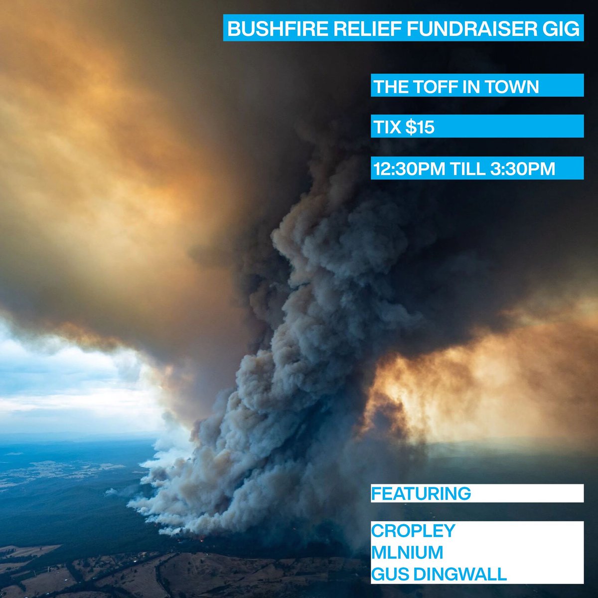 On Sun 19 Feb <a href="/thetoffintown/">The Toff In Town</a> hosts an afternoon bushfire benefit gig, with  Cropley, Gus Dingwall and Xirita and Mlnium on decks. $15 with profits to <a href="/NSWRFS/">NSW RFS</a> <a href="/CFA_Updates/">cfa_updates</a> <a href="/RedCrossAU/">Australian Red Cross</a> nvite.com/toffintown/f2e… #bandsforbushfires #gigrelief #AustraliaisBurning