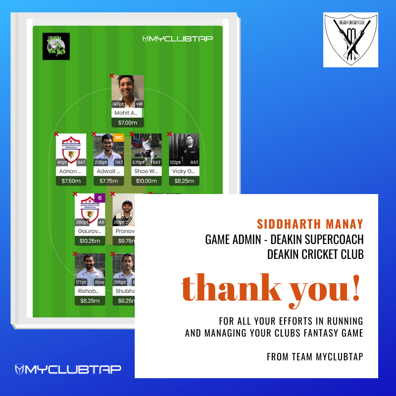 Sid, here's a THANK YOU for all your great work with <a href="/DCC_Dugongs/">Deakin Cricket Club</a>  #DeakinSupercoach from us at #MyClubtap 🙏

Though we endeavor to make our users fantasy game experience better than best, however, none of it is possible without the your efforts as the Game Admin #thankyou