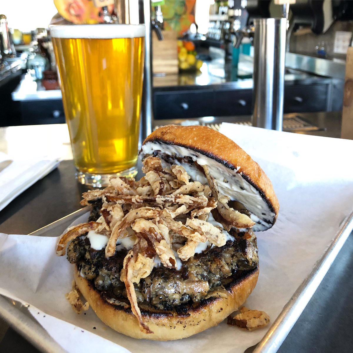Our vegetarian burger! Sautéed white mushrooms, rolled oats &amp; Parmesan cheese patty! Topped with mozzarella, fried onion strings &amp; garlic aioli. #mishmashsd
