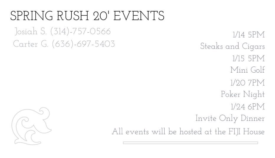 Phi Gamma Delta MSU (@mostate_fiji) on Twitter photo Spring Rush is quickly approaching!! Here is FIJI’s official rush event schedule, contact @josiahschmeids or <a href="/ShoppingCart88/">Carter</a> if you have any questions! #RushFIJI Spring Rush is quickly approaching!! Here is FIJI’s official rush event schedule, contact @josiahschmeids or <a href="/ShoppingCart88/">Carter</a> if you have any questions! #RushFIJI