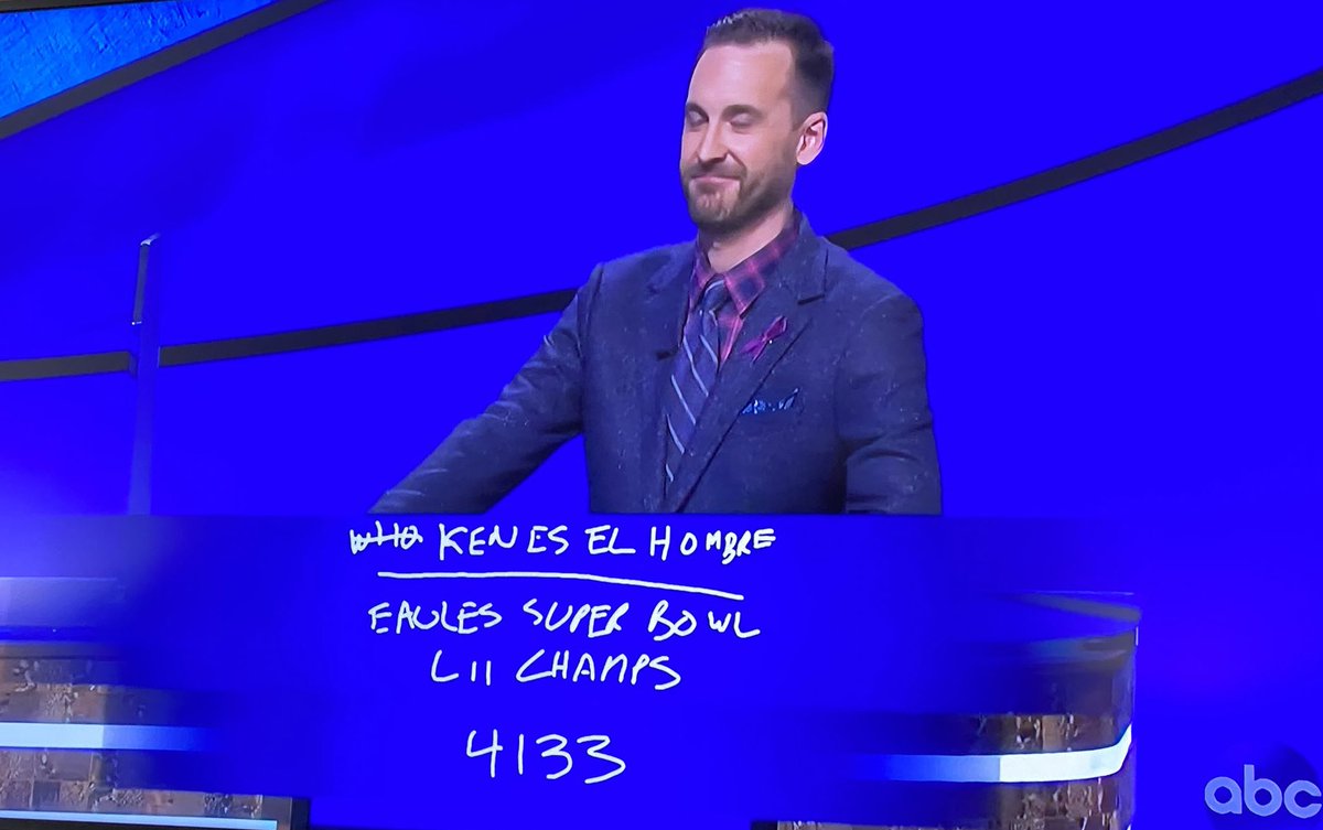 PHLEaglesNation's tweet photo. .@BradRutter (Lancaster, PA native and all time-highest earning Jeopardy player of all time) just dropped a “Eagles Super Bowl LII Champs,” and wagered $4133 in Final Jeopardy.

You won in our eyes, Brad. https://t.co/JCg67b9SwC