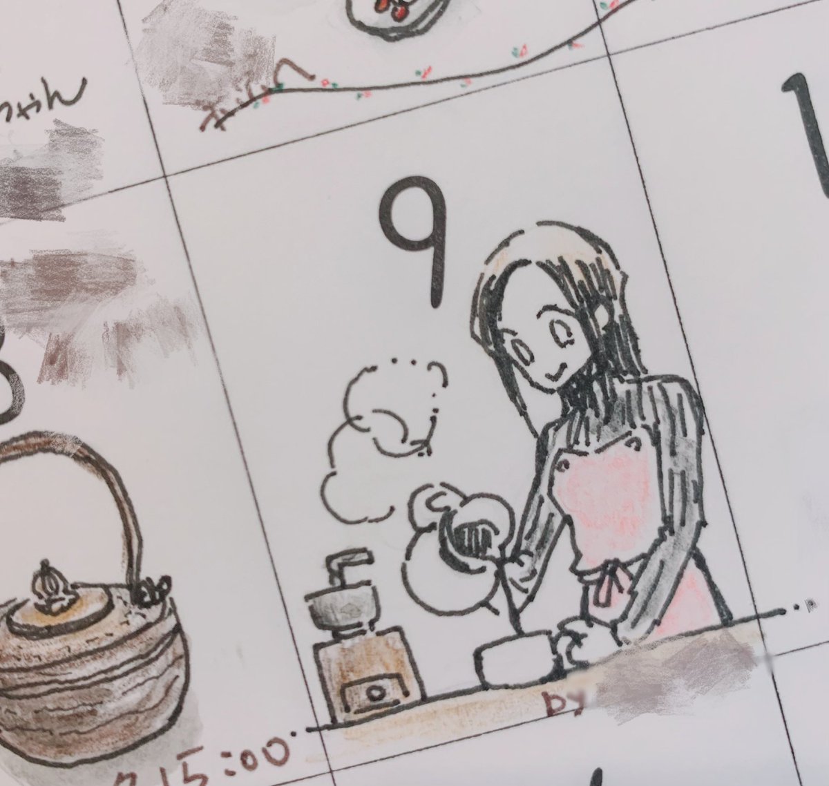 母がいつも日記がわりに絵を書いてるカレンダーに、昨日のトートバッグの女の子描いてと言われたので梓さん 