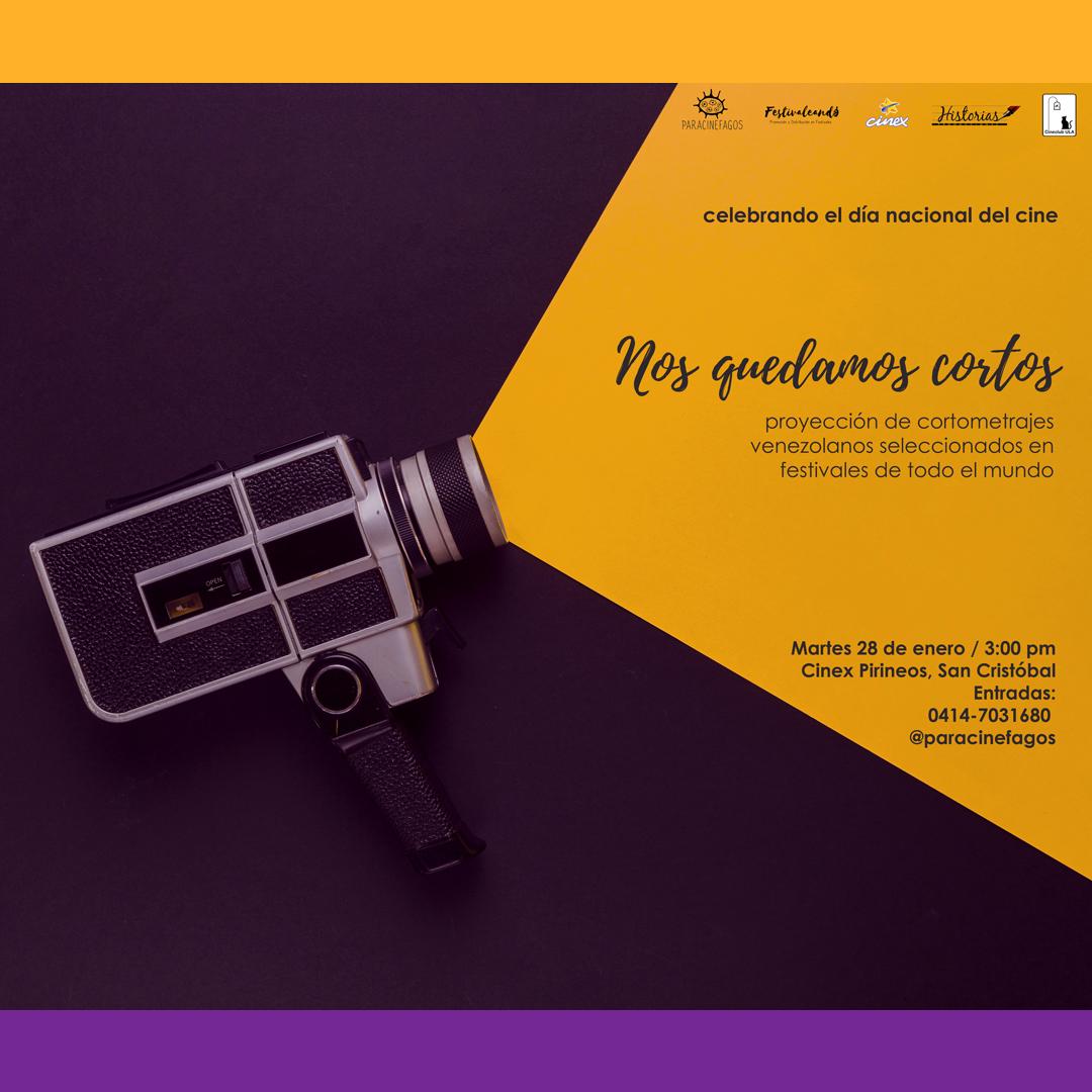 ¡#NosQuedamosCortos 🎬 vuelve a celebrar el Día del Cine Venezolano!
12 cortos grabados en 🇻🇪 y que han recorrido distintos festivales nacionales e internacionales
¡Los esperamos!
•
Martes #28Ene - 3 pm - <a href="/cinexpirineos/">cinexpirineos</a> #SanCristóbal 
🎟️: 0414-7031680 / <a href="/ParaCinefagos/">Encuentro para Cinéfagos</a>