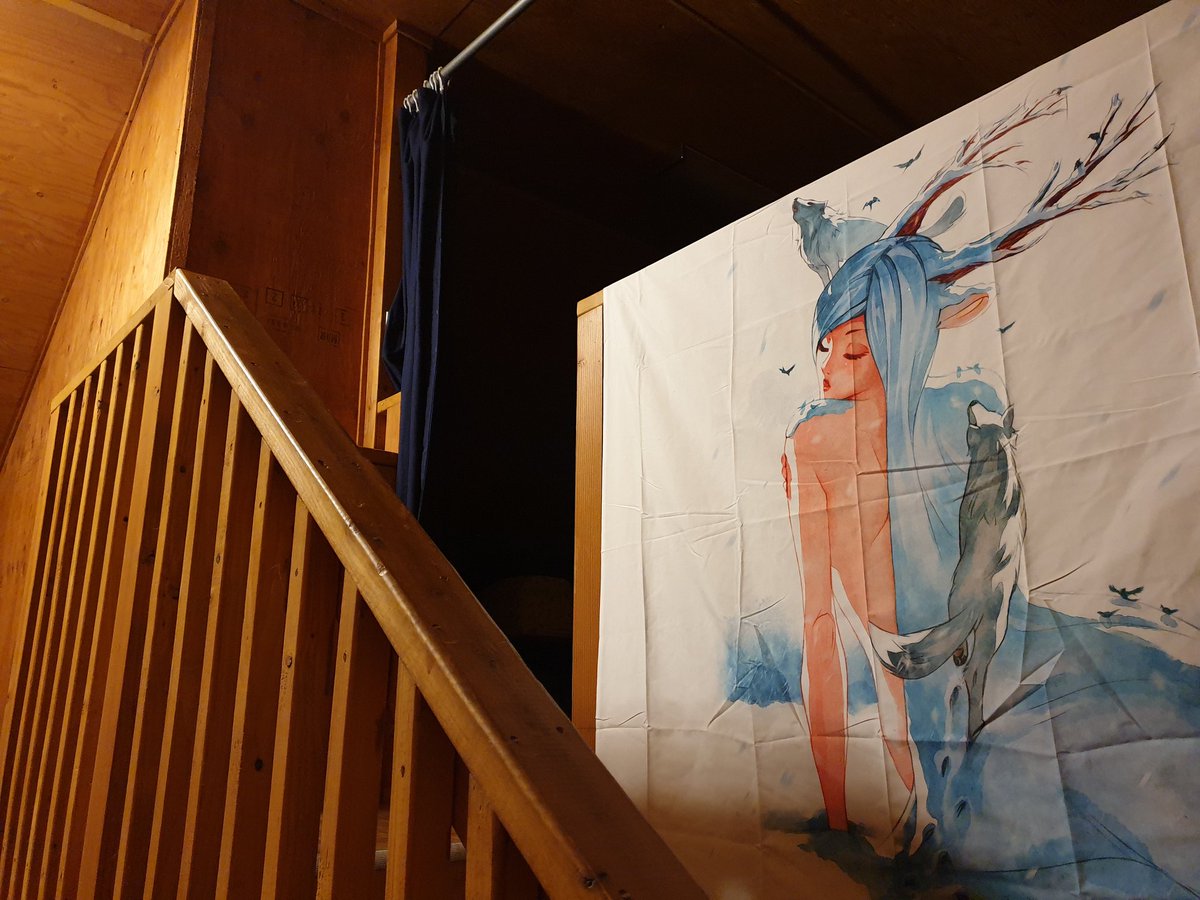 Tytanblue's tweet image. Recently moved to a little cabin in interior Alaska. I finally was able to put this awesome @nakanodrawing tapestry I purchased from redbubble. Still needs a little ironing but I love it!💙