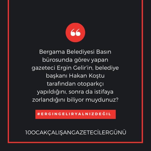 Bergama Belediye Başkanı <a href="/kostuhakan/">Hakan Koştu</a> 'basın sözleşmeli' çalışanını, sadece siyasi sebeplerle otoparka sürdü.Gazeteci arkadaşımız sonrasında istifaya zorlandı! Bugün #10OcakÇalışanGazetecilerGünü Yazık. #BasınÖneEğilmesin <a href="/ismailsaymaz/">İsmail Saymaz</a>
<a href="/ugurdundararena/">Uğurum Dündarım</a>
<a href="/barisyarkadas/">Barış Yarkadaş</a> <a href="/erenerdem/"></a>