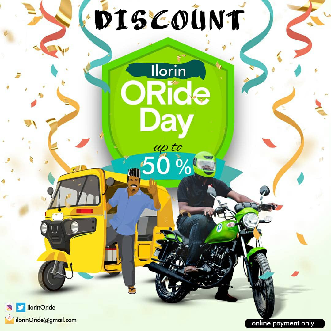 IlorinOride's tweet photo. Amazing discount today beacuse its OrideDay. Up to 50% off on all trips today. #OrideDay #OrideIlorin https://t.co/riCab5uLiR