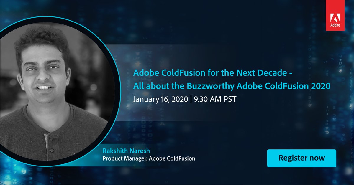 Join us for a #webinar on Jan 16 at 9.30 am PST and get a glimpse of the upcoming enhancements in Adobe ColdFusion 2020. Register now! bit.ly/34VesQ8 #Adobe #25yearsofColdFusion <a href="/rakshithn/">Rakshith Naresh</a>
