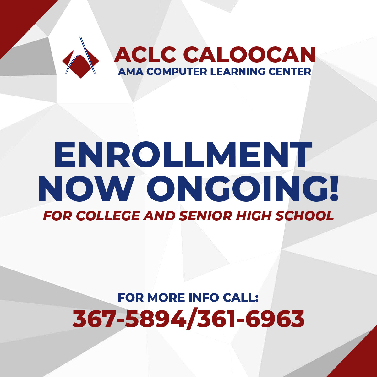 For inquiries please visit ACLC CALOOCAN located at 419 D&I BLDG. EDSA AVE CALOOCAN CITY (BESIDE OF SHAKEYS MCU) Friday from 8am-5pm and Saturday 8am-12nn. You may also call or text 0998-399-0036.

#EducatingTheNation
#ACLCCaloocan

See you!!!